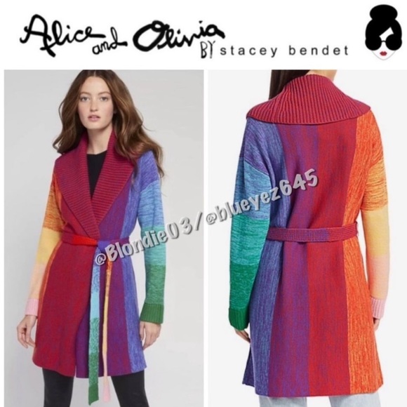 Alice + Olivia “Marketta” wool belted rainbow cardigan XS